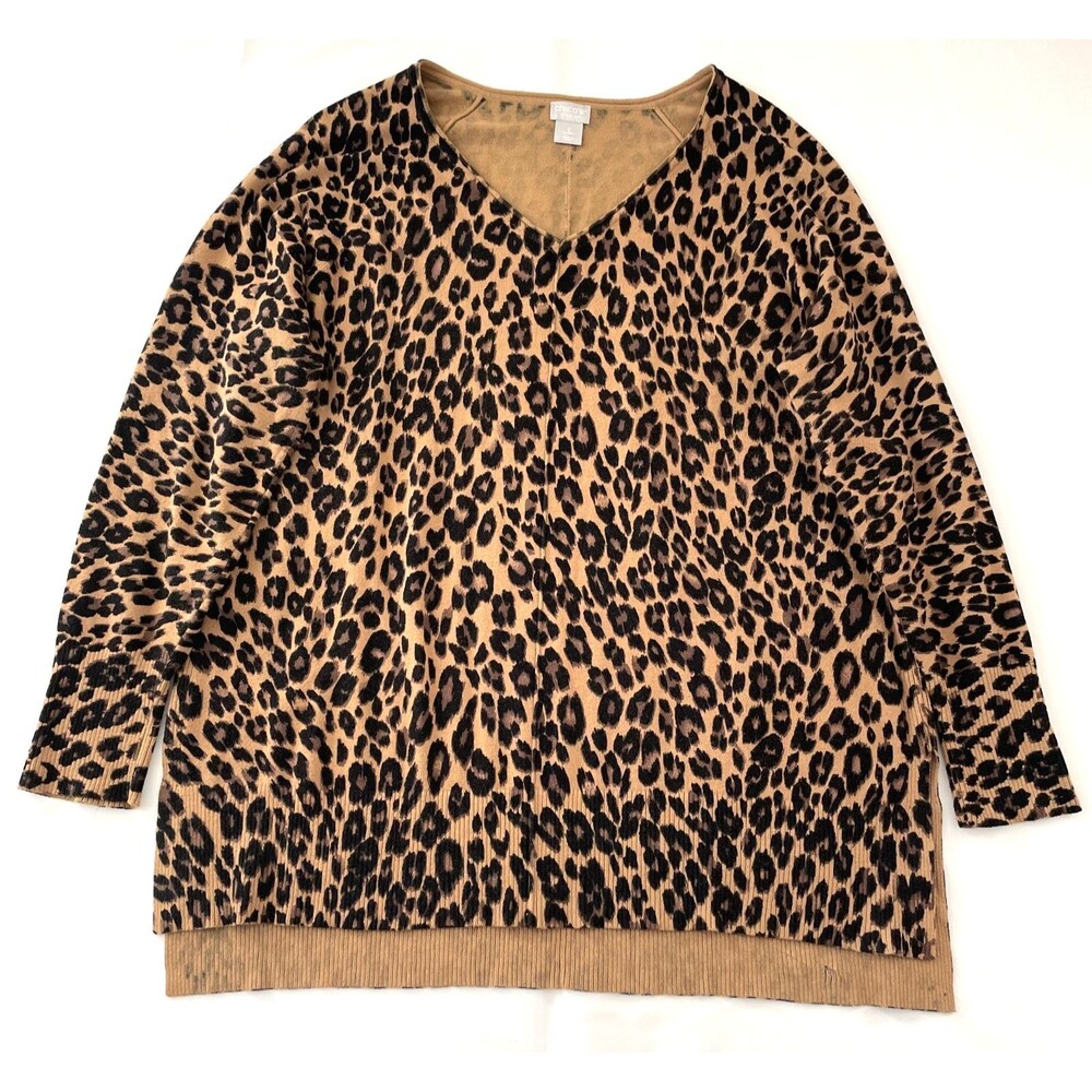 Chico's Zenergy Sweater Womens 2 Large Leopard Print V Neck Cashmere Blend
